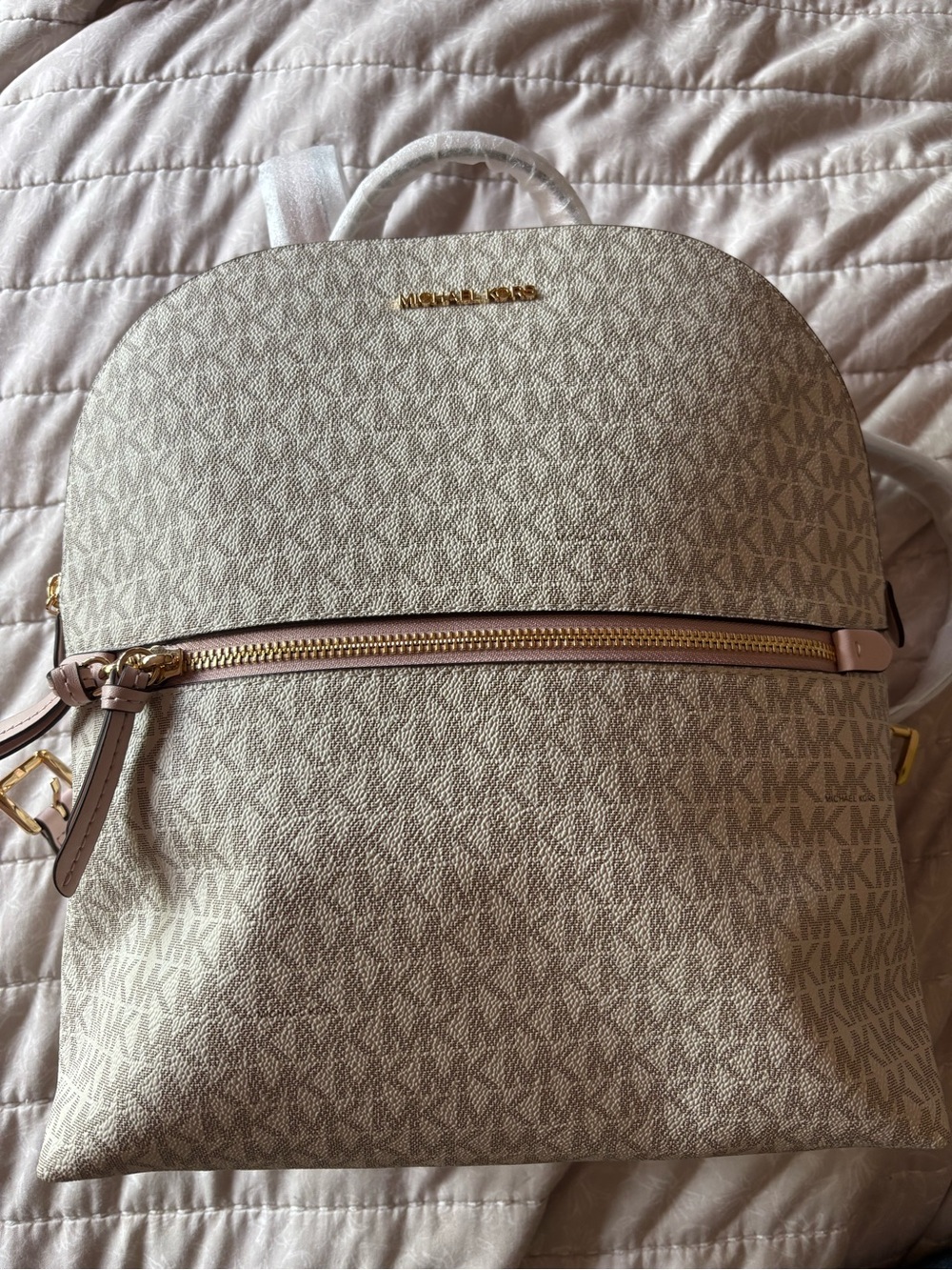 NWT Michael Kors Signature Logo Dallas Slim Backpack Blush Pink Trim Cream Gold - Picture 4 of 9